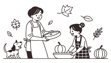 Mother and daughter preparing an autumn feast with pumpkins and pie, accompanied by a happy dog.