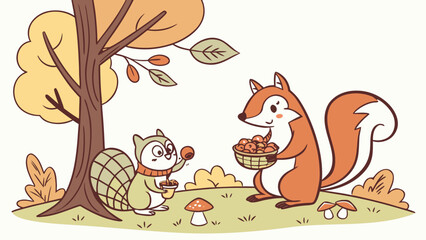 A cute cartoon illustration of a fox and a squirrel collecting nuts in an autumn forest scene.