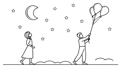 Line art illustration of a boy holding balloons and a girl looking at the moon and stars in a night sky.