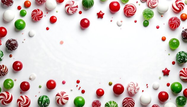 Festive candy border with red, green, and white sweets around blank center on white background