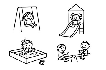 Happy children playing on various playground equipment like swing, slide, seesaw, and sandbox