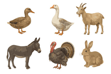 Realistic domestic farm animals collection including duck goose goat donkey turkey and rabbit