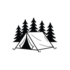 Fototapeta premium Camping tent and pine trees illustration, outdoor adventure symbol icon
