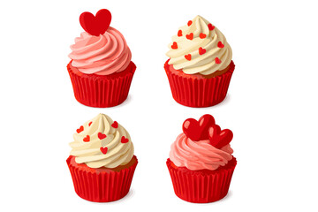 Four sweet Valentine's Day cupcakes with pink and cream frosting decorated with red hearts