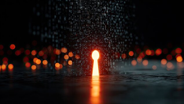 Glowing keyhole with binary code flowing around it, on a reflective surface with bokeh