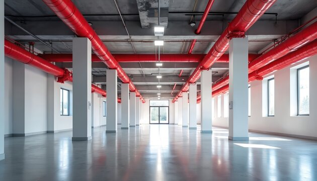 Empty modern building interior. Red fire sprinkler system pipes run across exposed concrete ceiling. White pillars, polished floor create industrial clean look. Large windows provide natural light in