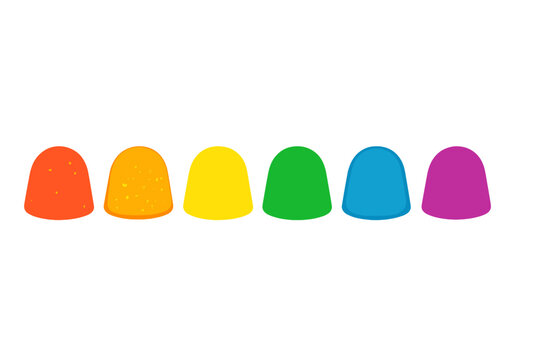Horizontal row of six brightly colored gumdrop candies arranged in a rainbow spectrum