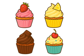 Colorful assortment of sweet cupcakes with frosting and fruit toppings