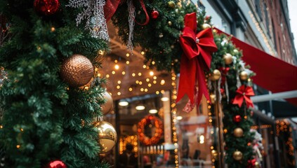 NYC holiday storefront adorned with festive garland, bows, and ornaments, seasonal display