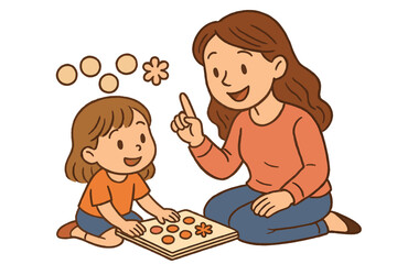 Happy mother and young daughter playing an educational game together on the floor