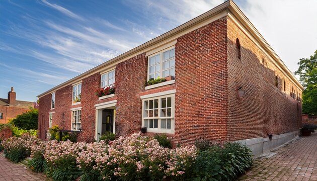 brick building with open windows and flowerbeds showcasing simple architecture and natural light