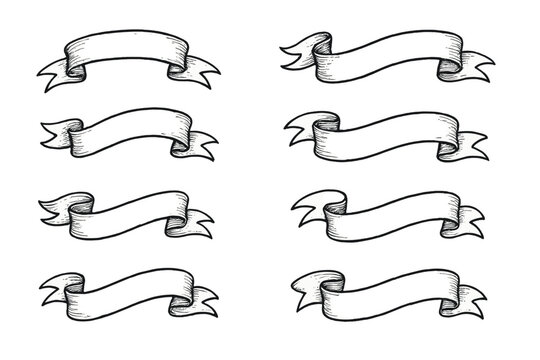 Eight vintage hand-drawn ribbon banners set in black and white sketch style for decoration or text placement