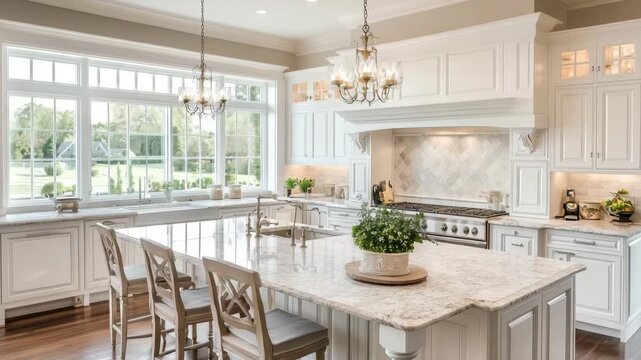 A bright and airy neoclassical kitchen featuring white cabinetry, a large island with a marble countertop, and elegant chandeliers, surrounded by windows that let in natural light