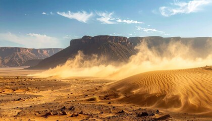 Arid desert landscape under a bright blue sky with wispy clouds as sand blows across the golden dunes during a sunny day