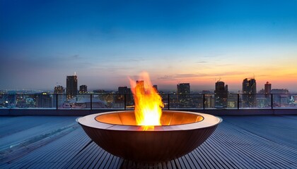 a glowing flame burns in a modern bowl shaped structure atop a rooftop with a city skyline at dusk