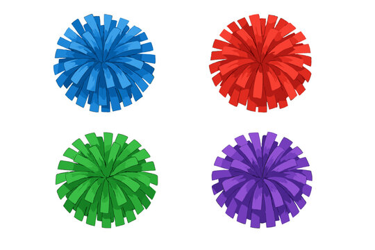 Four vibrant cheerleading pom-poms in primary and secondary colors isolated on white