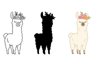 Obraz premium Charming fluffy llama character wearing a decorative floral wreath and flower crown