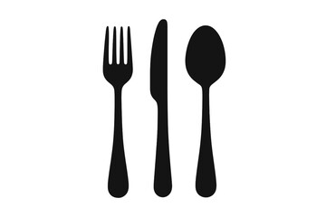 Black silhouette set of fork, knife, and spoon dining cutlery on white background