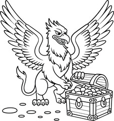 Mythical griffin guarding a treasure chest filled with gold coins and jewels