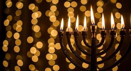 Photo of closeup of a lit hanukkah menorah with blurred golden bokeh lights in the background, creating a warm and festive atmosphere