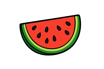 Brightly colored stylized slice of fresh summer watermelon with black seeds and thick outline