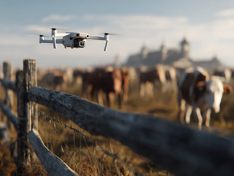 Drone flying over rustic fence and grazing cattle, capturing aerial views of rural farm life with modern technology, showcasing agricultural innovation