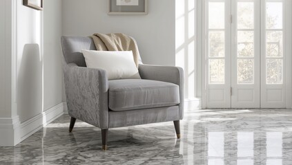 Naklejka premium Comfortable gray armchair featuring a cushion and soft throw, placed on sleek marble flooring in a serene reading nook of a luminous living space