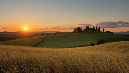 Obraz premium Tuscany sunset over undulating hills and vibrant greenery, seasonal change