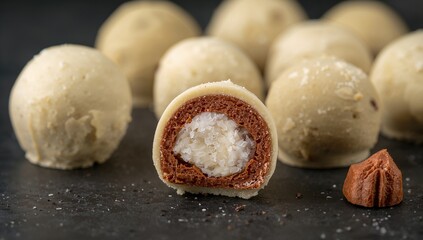 Fototapeta premium A collection of milk chocolate and white air-filled chocolates, a macro setting, fiber-dense choice