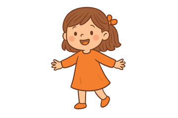Happy little girl with open arms wearing an orange dress ready for a hug or greeting