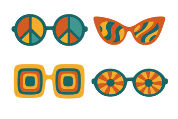 Colorful vintage sunglasses featuring peace signs and psychedelic groovy patterns