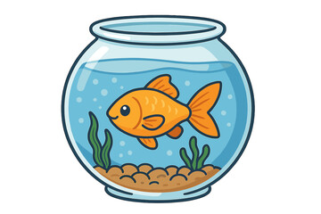 Bright orange goldfish swimming in a round fishbowl with aquatic plants and gravel