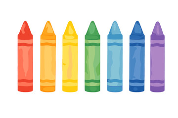 Seven colorful wax crayons arranged in a row following rainbow color order