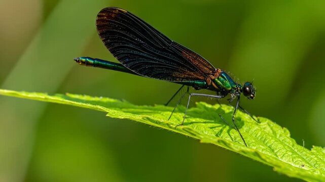 A close-up shot of an iridescent damselfly resting on a vibrant green leaf