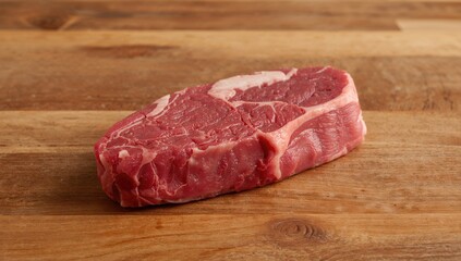 Fototapeta premium Raw red beef meat for steak preparation on wooden surface, protein-rich meal