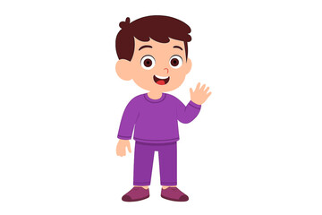 Happy little boy wearing comfortable purple pajamas waving his hand in a friendly greeting