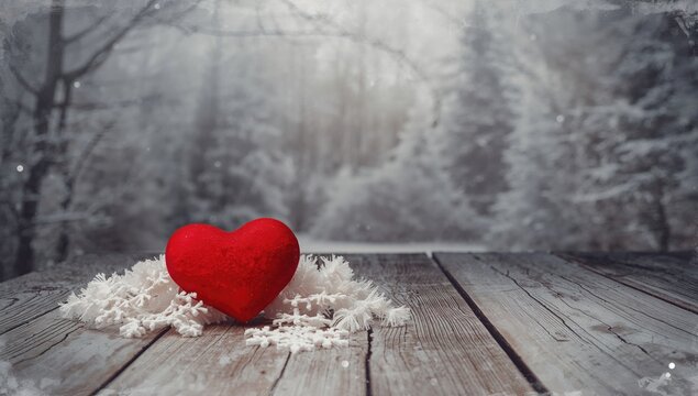 Decorative snow on a wooden desk with a red heart, nature theme, winter ambiance, love motif