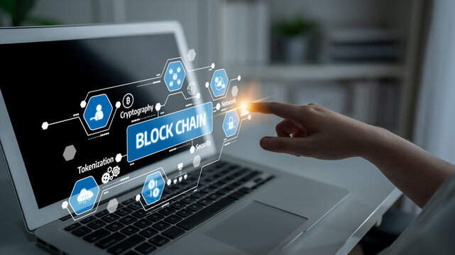 A hand interacts with a futuristic digital interface showcasing blockchain technology, illustrating various concepts like cryptography, tokenization, and network security. Tessel