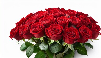 Obraz premium luxurious bouquet of fresh red roses with green leaves isolated on white background