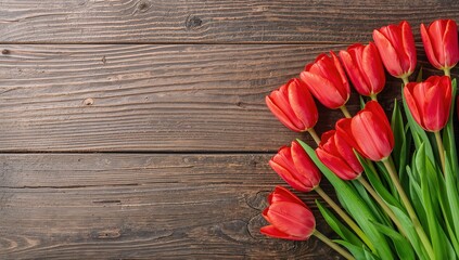 Red tulips arranged on a wooden surface, suitable for editorial header background