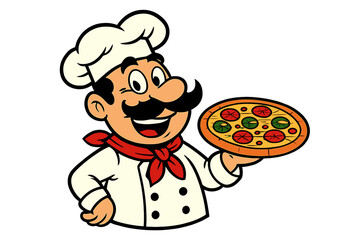 Happy cartoon chef mascot wearing a toque and holding a freshly baked pizza pie