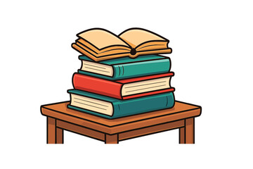 Stack of colorful books with an open book resting on a small wooden table
