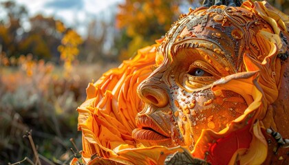 Artistic Autumn Pumpkin Carving Depicting a Detailed Face with Intricate Textures and Natural Fall Foliage Background Warm Outdoor Lighting