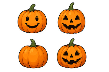 Set of four orange Halloween pumpkins with various carved facial expressions on white background