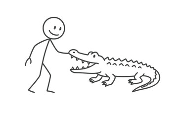 Stick figure person smiling while gently touching the snout of a large crocodile