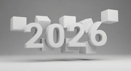 3D numbers 2026 floating among scattered white cubes, representing a future date