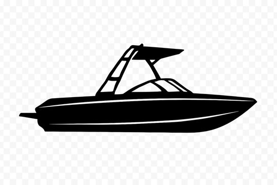Modern recreational speed boat silhouette with wake tower and sun canopy