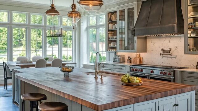 A modern neoclassical kitchen featuring a large wooden island, stainless steel appliances, and ample natural light from large windows
