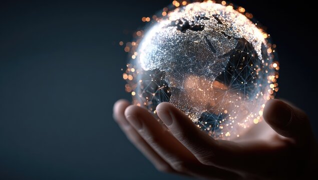 Digitized globe held in a hand, showcasing global connectivity with sparkling lights