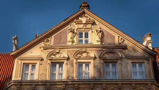 exterior of an old european building with windows a tiled roof and artistic touches on the building